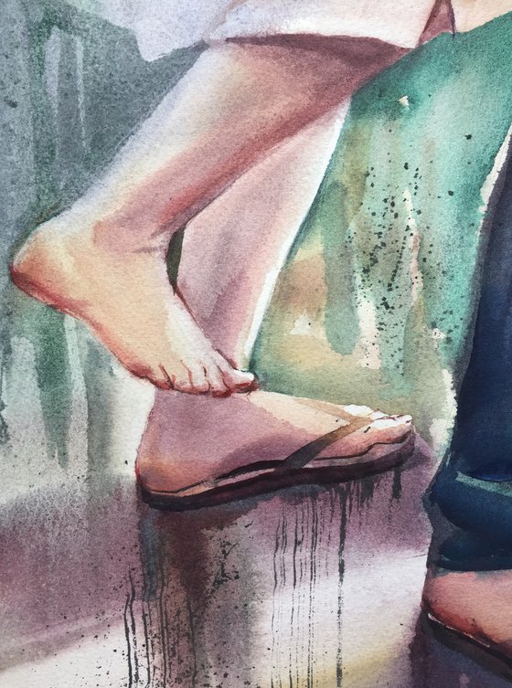 Barefoot in the rain. People in the rain painting.