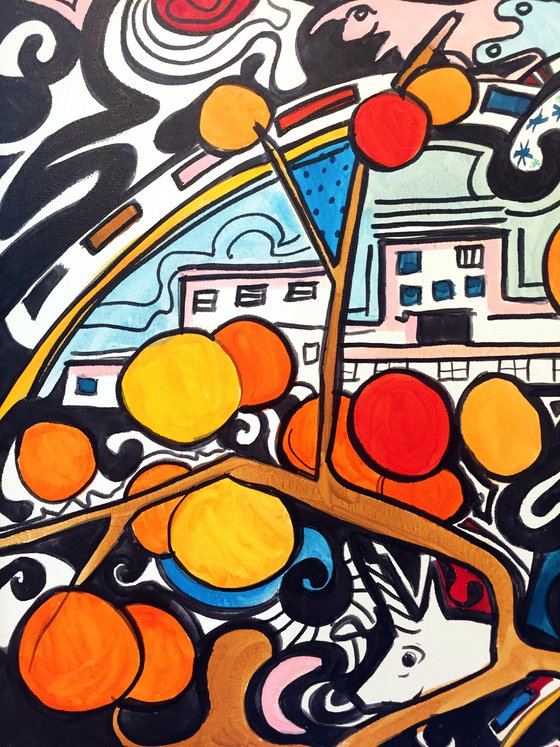 Orange cityscape #4 - original acrylic on edged canvas - pop abstraction 80 x 40 cm  (31' x 16' )