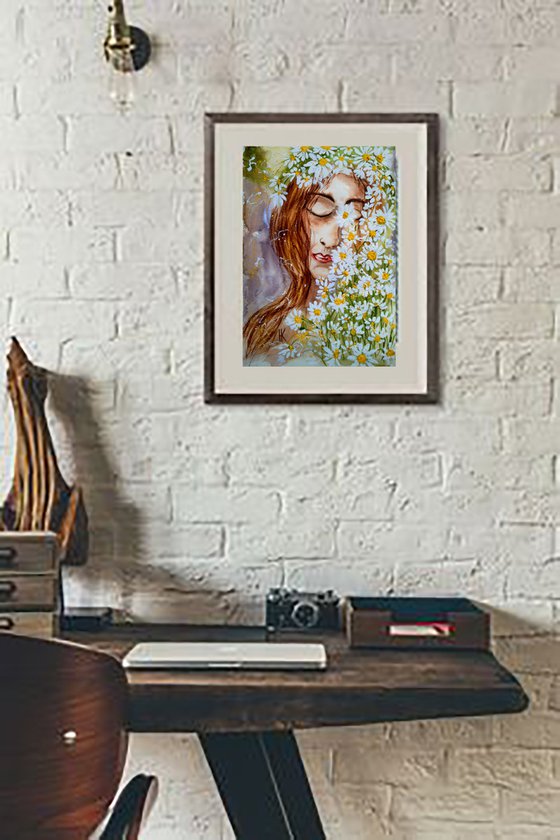 Flower Head Painting Woman Original Art Daisy Watercolor Chamomile Artwork Floral Wall Art 10 by 14 inches