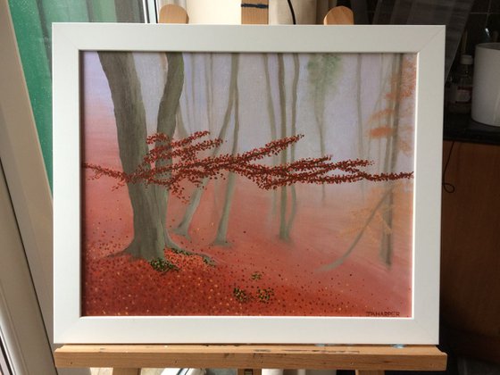 Misty forest autumn trees original oil painting