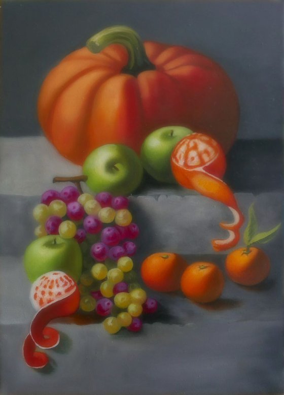 Still life with pumpkin apples and grapes (2016)