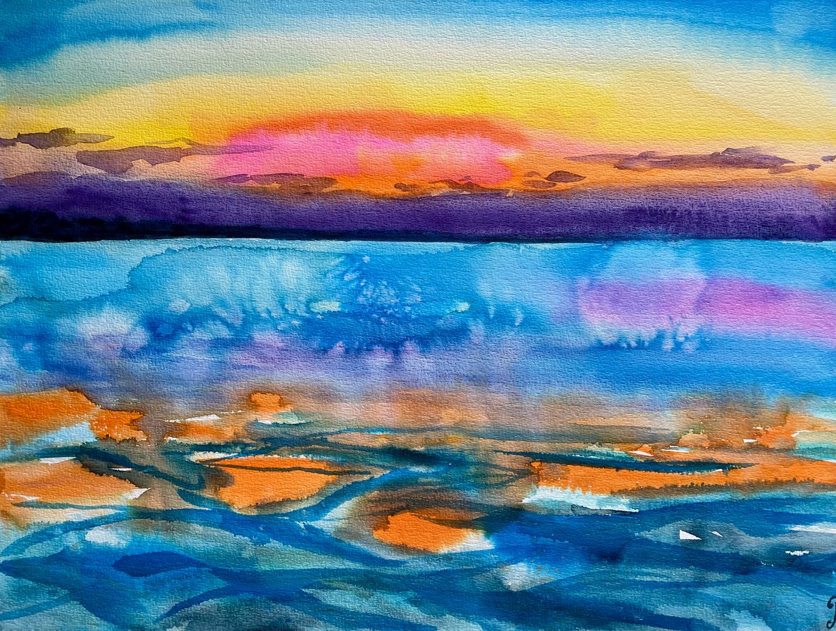 Seascape Watercolor Painting, Sea Ocean Wall Art, Sunset Large Original Painting, Coastal... by Kate Grishakova