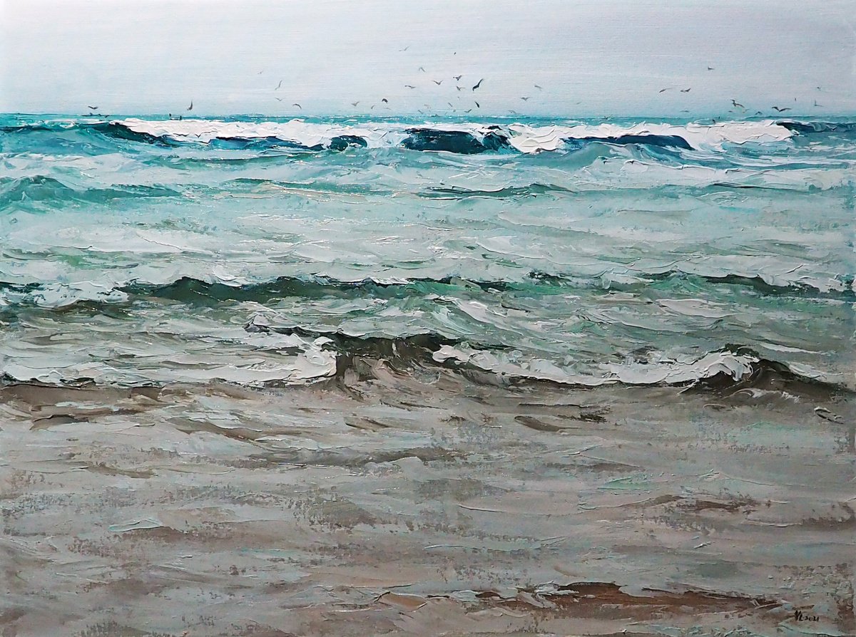 Impressionistic Landscape Oil Painting By Yuanyuan Liu, 31 X 24", Seascape, Original Artwork