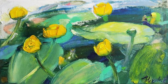 Water lilies. July. Sunny on the bridge. Original oil painting (2018)