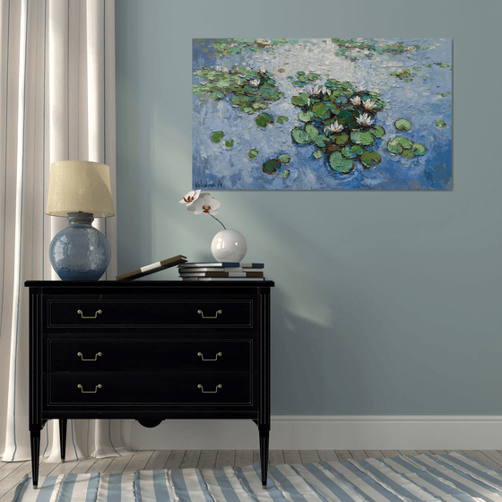 White Water Lilies - Large Original Oil painting 120 x 70 cm