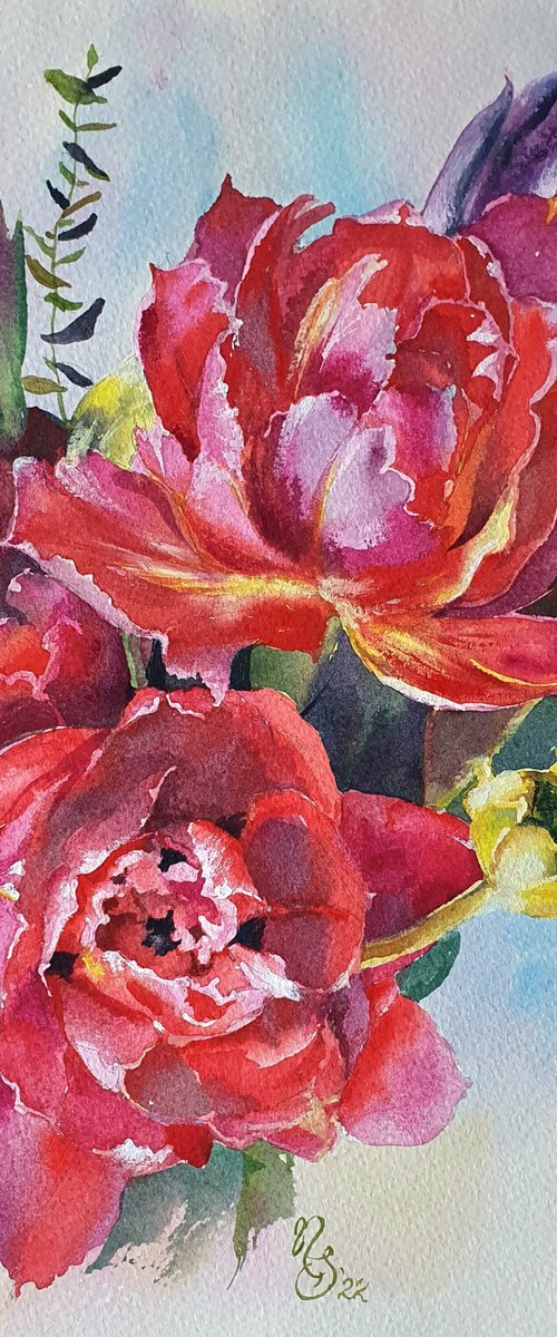 Carmine tulips - watercolor painting, framed and ready to hang. by Natasha Sokolnikova