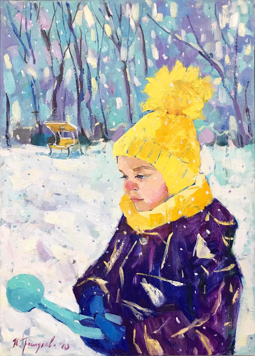 Impressionistic Portrait Oil Painting By Yuliia Pastukhova, 20 X 28", Snow Day, Original Artwork