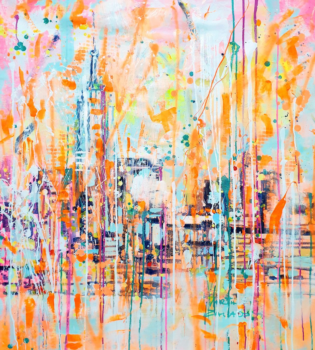 Impressionistic Cityscapes Acrylic Painting By Marta Zawadzka, 35 X 39", Nyc, Original Artwork