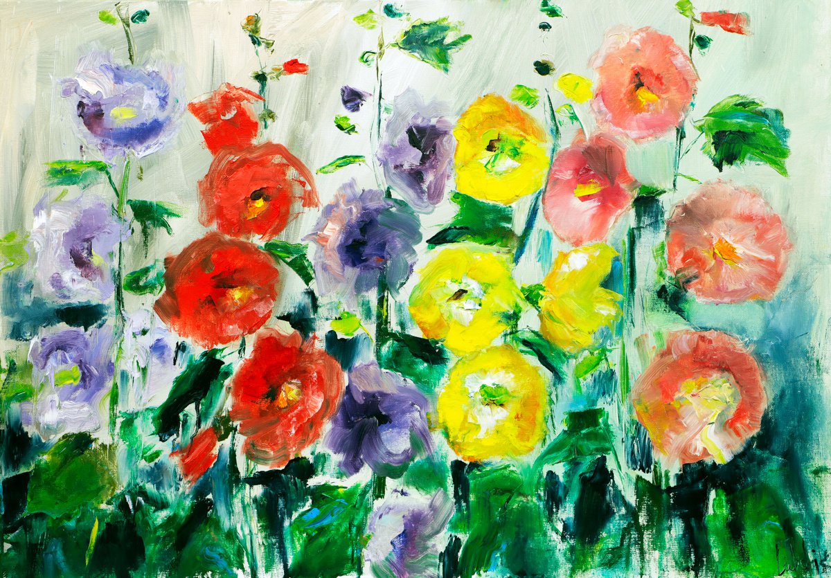 Abstract Floral painting colorful Mallow by Anna Lubchik