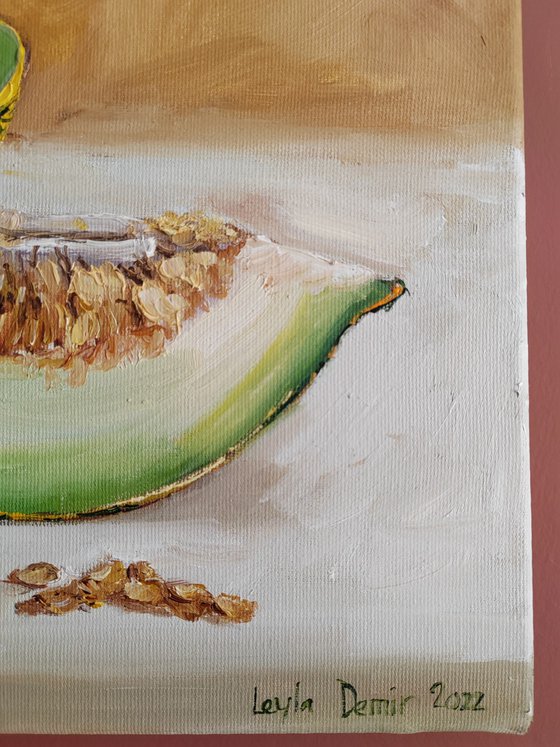 Melon fruit oil painting Original still life kitchen wall decor 12x16''