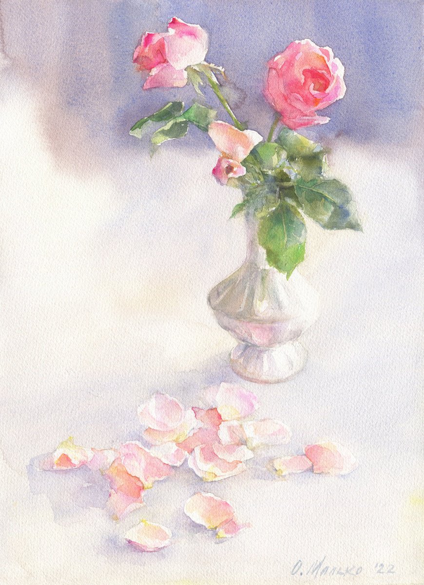 Last chords. Pink / ORIGINAL watercolor ~11x15in (28x37,5cm). Rose bouquet by Olha Malko