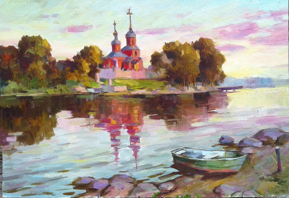 Impressionistic Landscape Oil Painting By Vladimir Lutsevich, 23 X 16", Ukrainian Landscape With A Church, Original Artwork