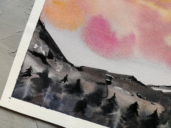 Mountain range art / Sunset clouds painting