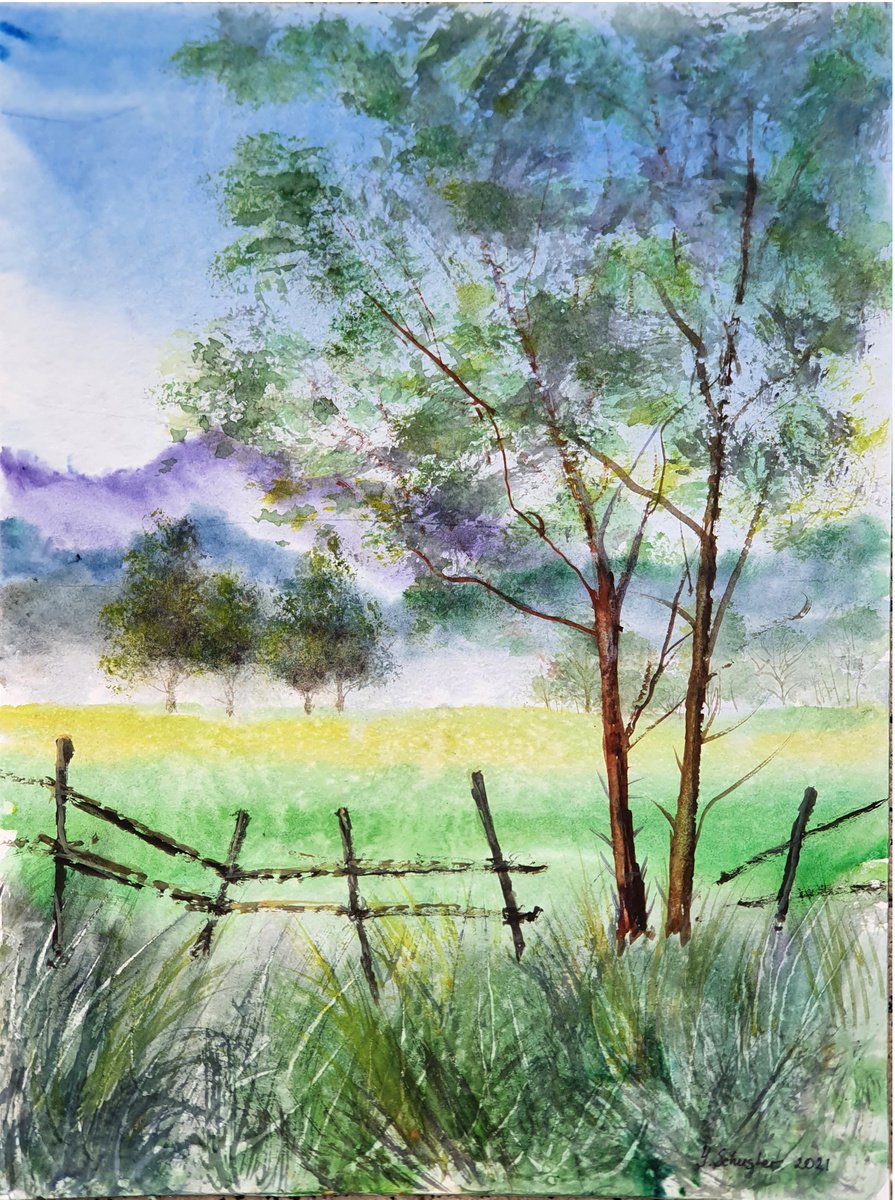 Impressionistic Landscape Watercolour By Yulia Schuster, 12 X 16", Childhood Memory 2, Original Artwork