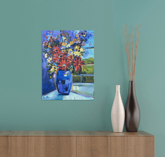 Red Flowers in Blue Vase