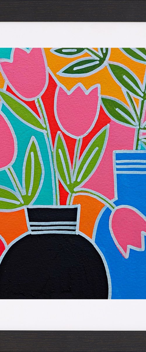 Pink Tulips in a Black Vase by Jan Rippingham