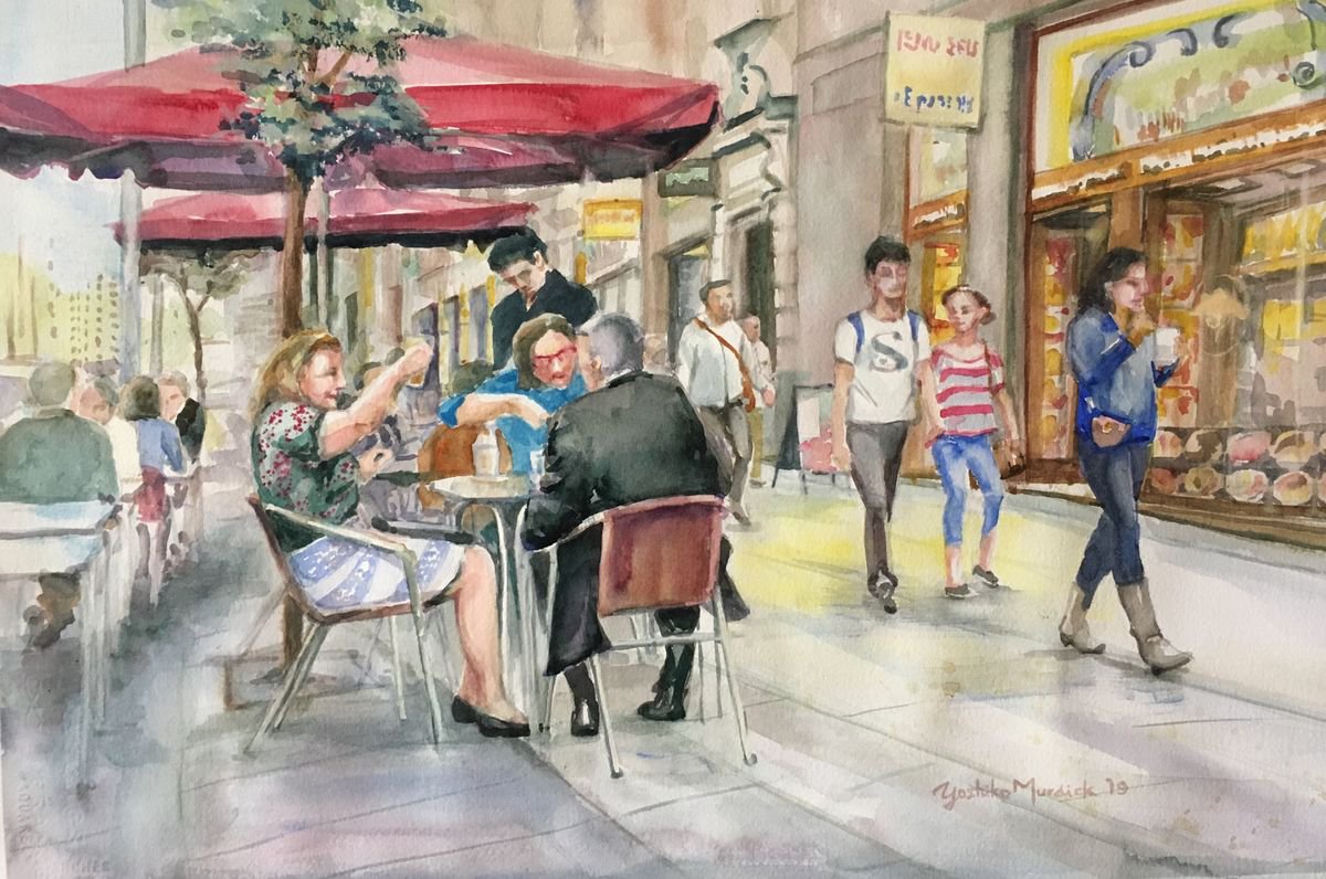 Impressionistic Portrait Watercolour By Yoshiko Murdick, 22 X 15", After Work, Madrid, Original Artwork