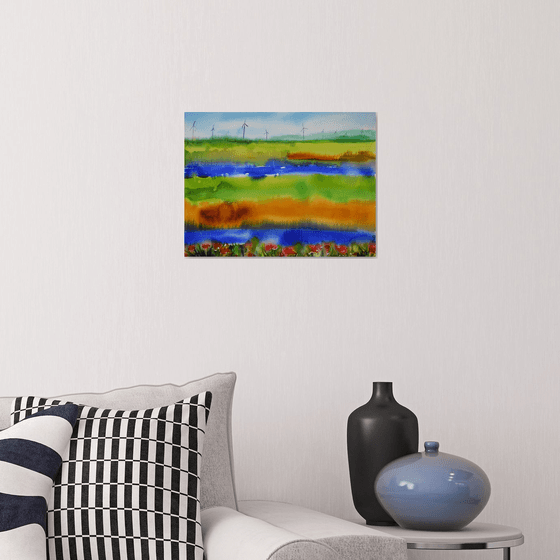 Landscape Watercolor Painting, Abstract Field Original Wall Art, Austrian Countryside Artwork