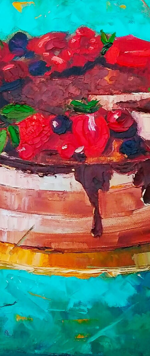 For tea, Cake Painting Original Art Dessert Artwork Kitchen Wall Art Food Impasto Painting 40x40 cm, ready to hang by Yulia Berseneva