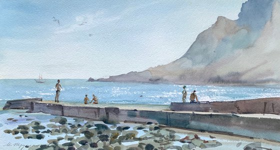 Sunny day on the seashore at the pier. Watercolour by Marina Trushnikova. Seascape, Plein air artwork, A3 watercolor.