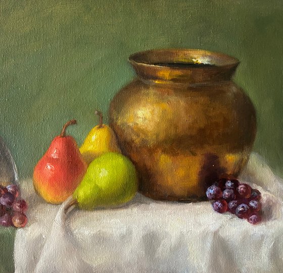 Pears and brass pot