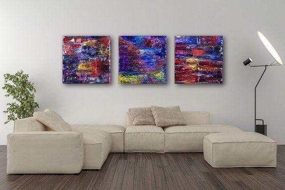 "Playtime Is Over" - FREE WORLDWIDE SHIPPING - Original Large PMS Abstract Triptych Oil Paintings On Canvas - 60" x 20"