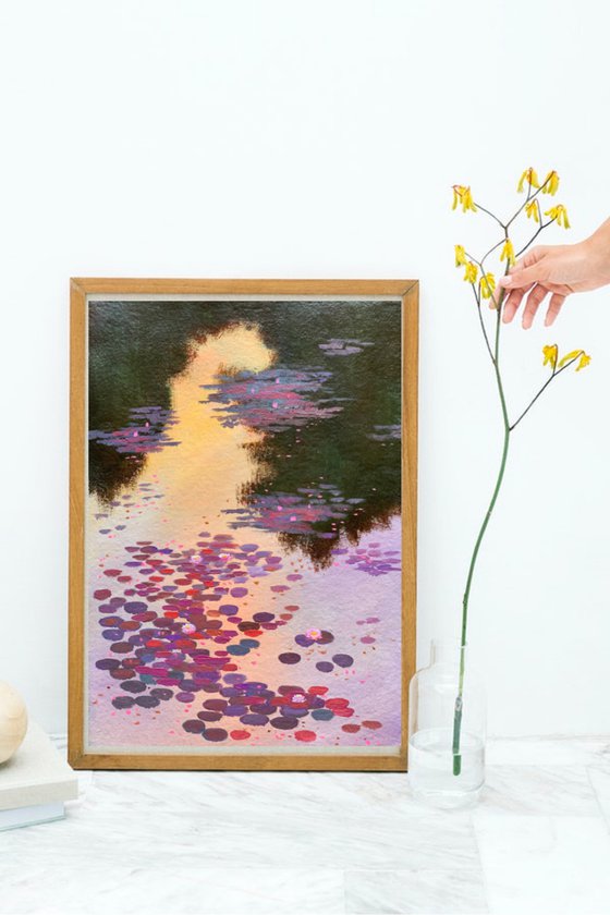 Sunset glow on lily pond! A3 size Painting on Indian handmade paper