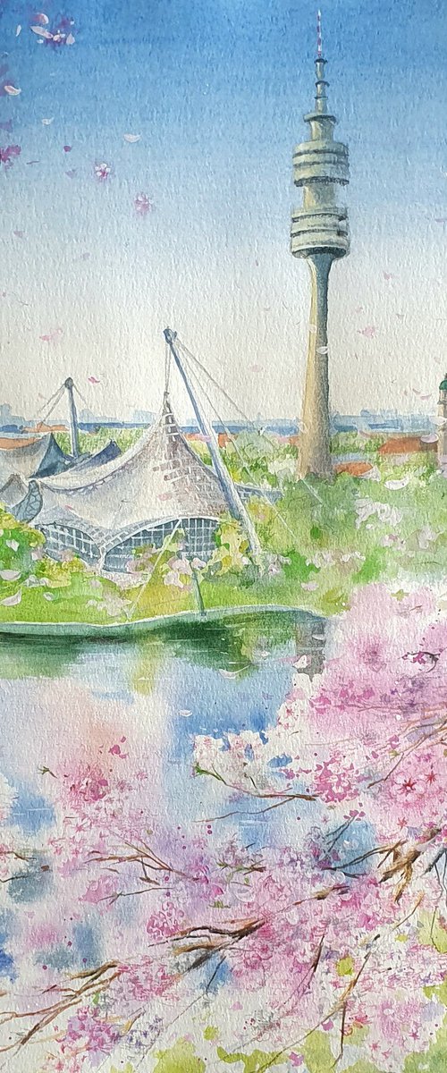 Spring cherry blooming in Munich Olympiapark by SoNata Art