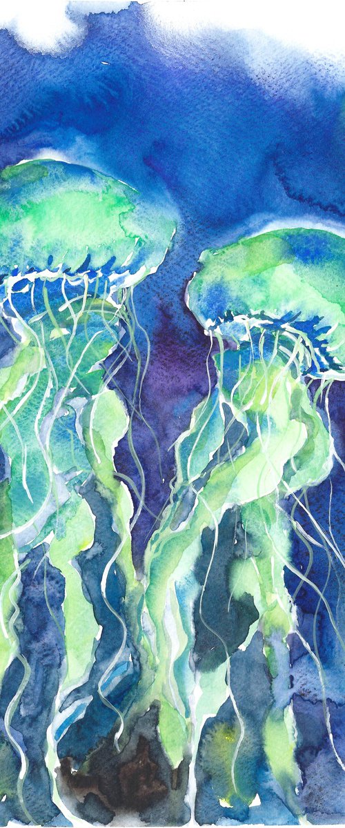 Jellyfish watercolor, Marine landscape art by Tanya Amos