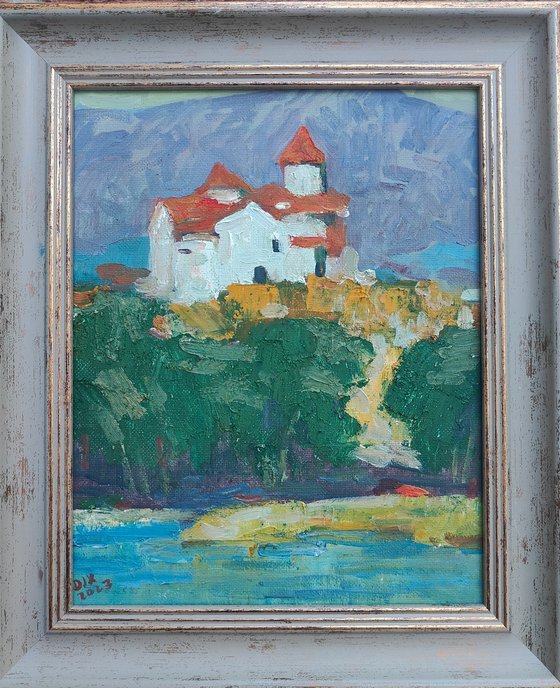 Original Oil Painting Wall Art Signed unframed Hand Made Jixiang Dong Canvas 25cm × 20cm Cityscape Castles on the Danube Small Impressionism Impasto