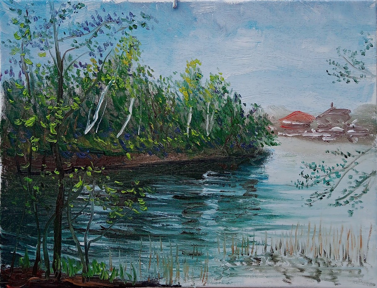 Birch trees on the lake. Plein Air by Dmitry Fedorov