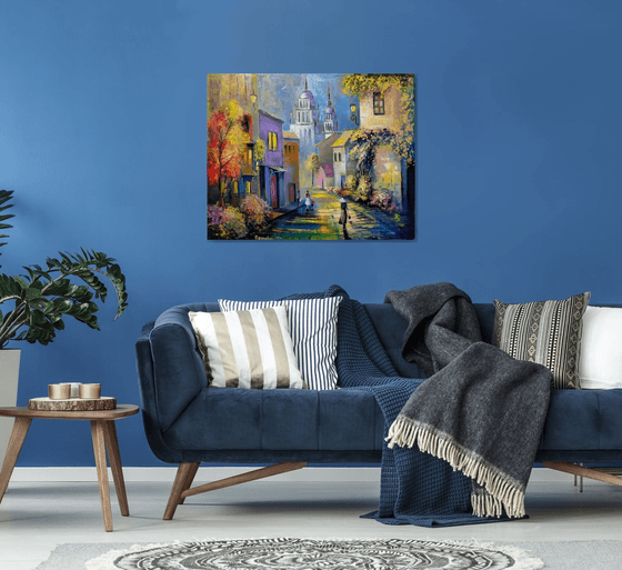 " Morning in Italy " - 100 x 80cm Original Oil Painting Large XL Landscape old Cityscape