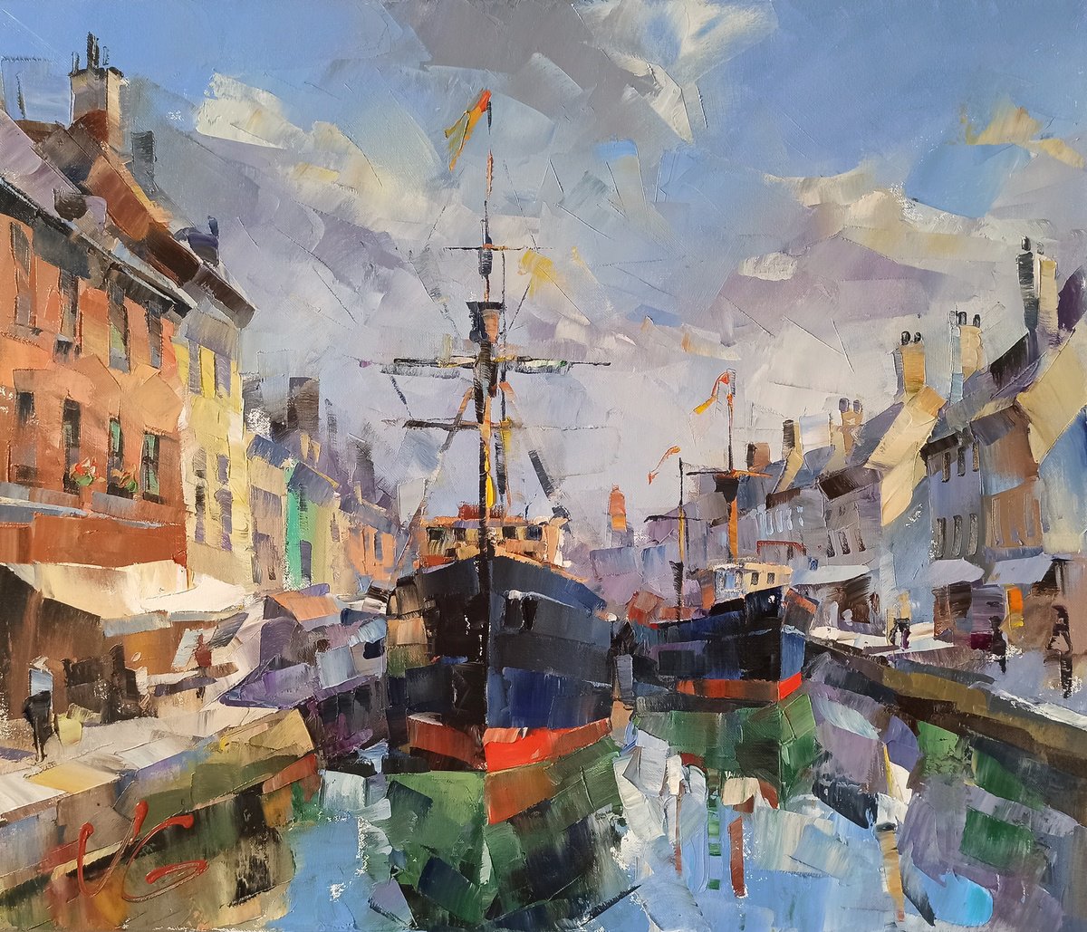 Impressionistic Landscape Oil Painting By Volodymyr Glukhomanyuk, 28 X 24", Fantasy About Port Gandia, Original Artwork