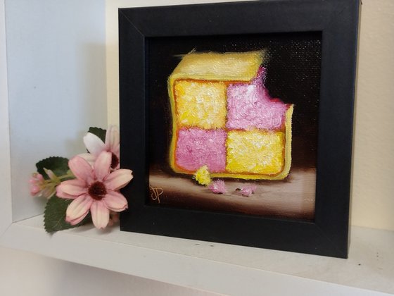 Little Battenberg cake slice still life