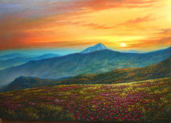 PURE MAGIC II,  oil on canvas, sunset over the mountains, flower meadows