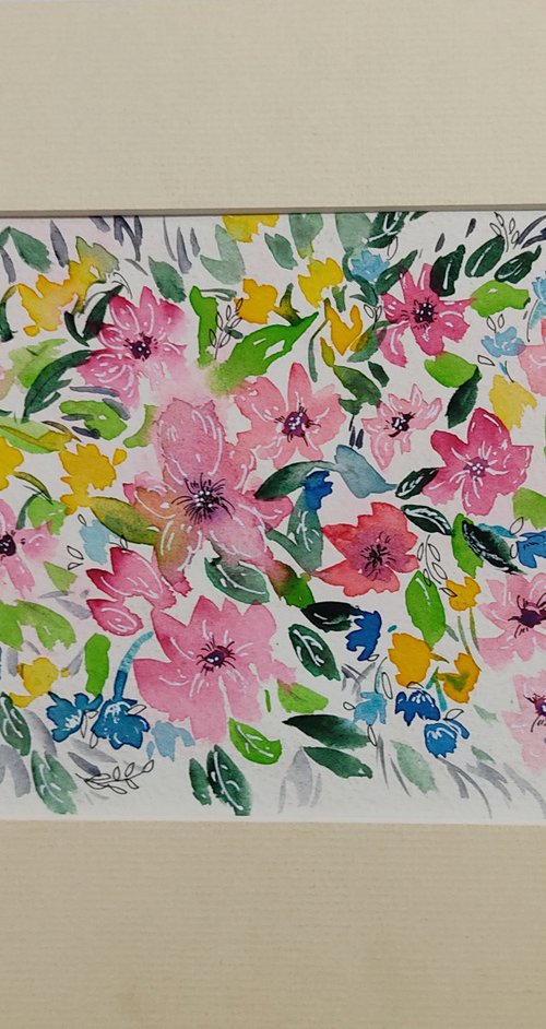 Blossoms - Watercolour painting - gift - affordable art - matted artwork by Vikashini Palanisamy