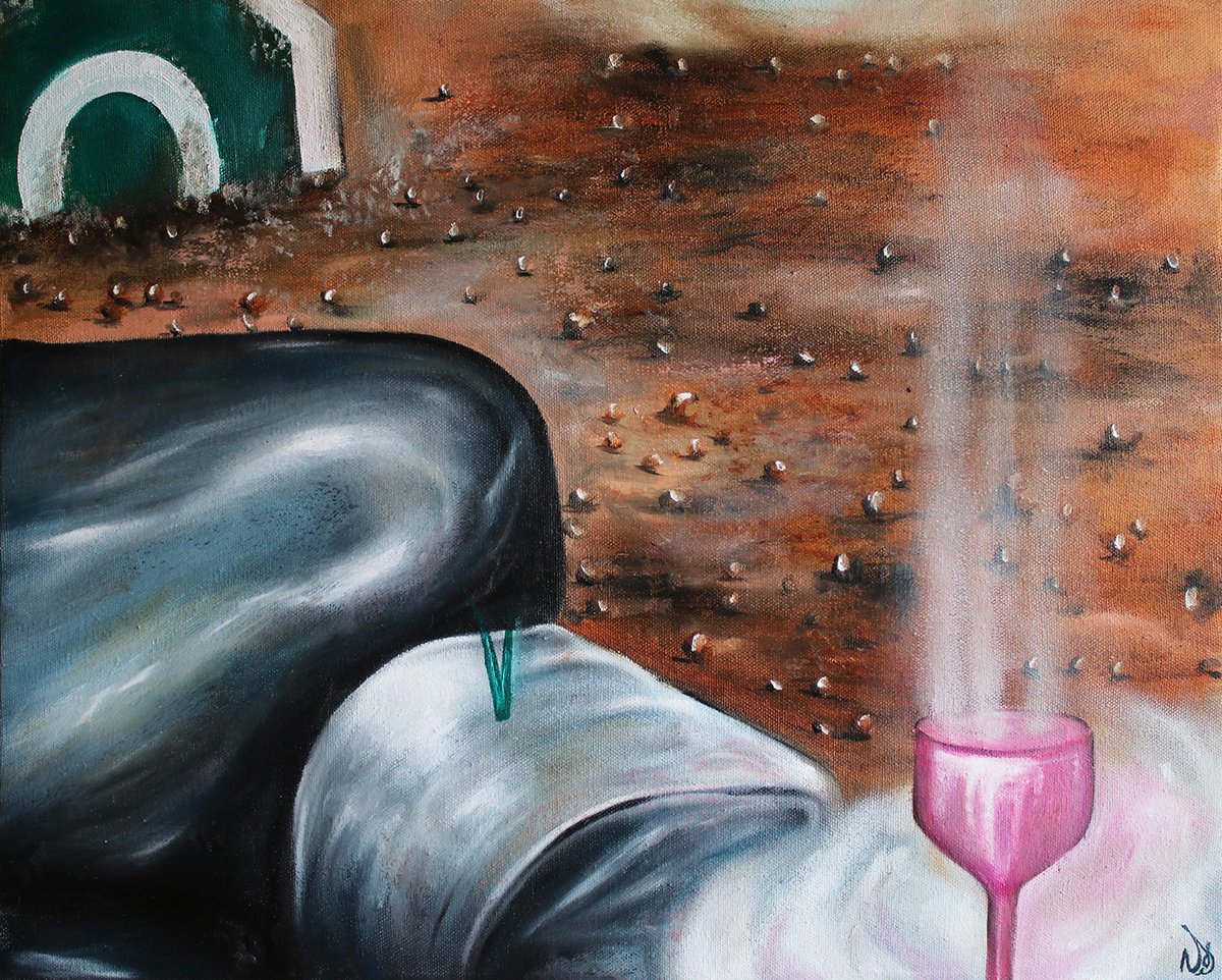 Surrealistic Still Life Oil Painting By Vanessa T Stefanova, 19 X 16", Waiting, Original Artwork