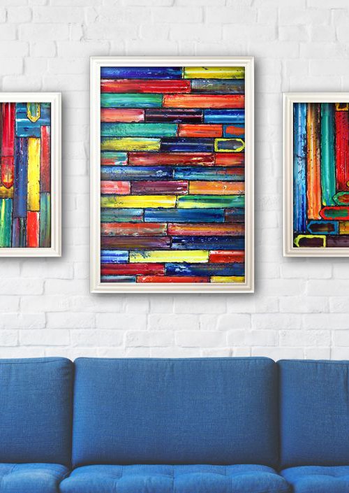 "We Can Do It" - Save As Series + FREE USA SHIPPING - Original Xt Large PMS Abstract Triptych Oil Paintings On Recycled Wood - 108" x 40" by Preston M. Smith (PMS)