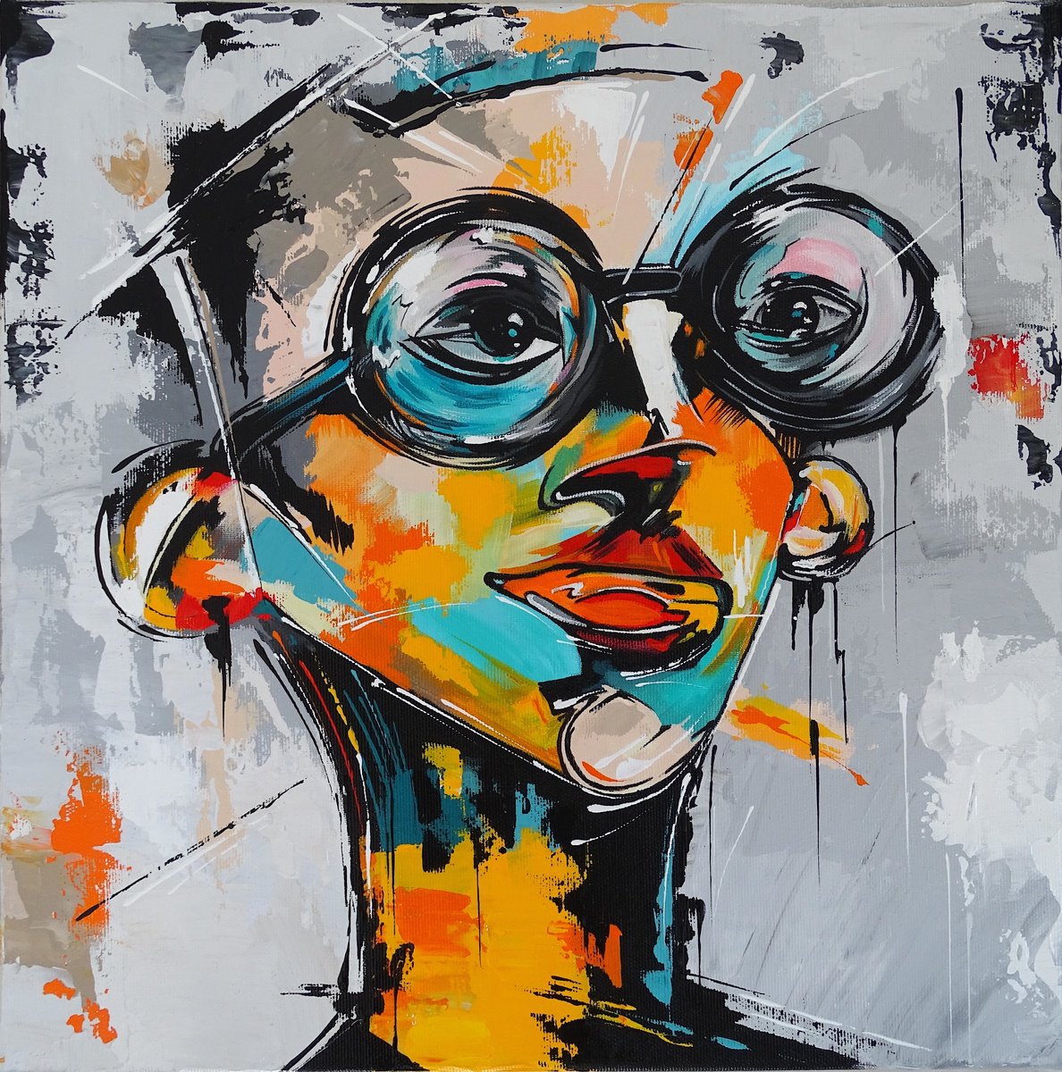 Abstract Portrait Acrylic Painting By Livien Rozen, 16 X 16", "Yes!", Original Artwork