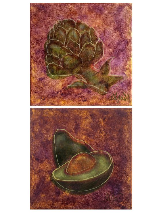 Diptych of small oil paintings with artichoke and avocado