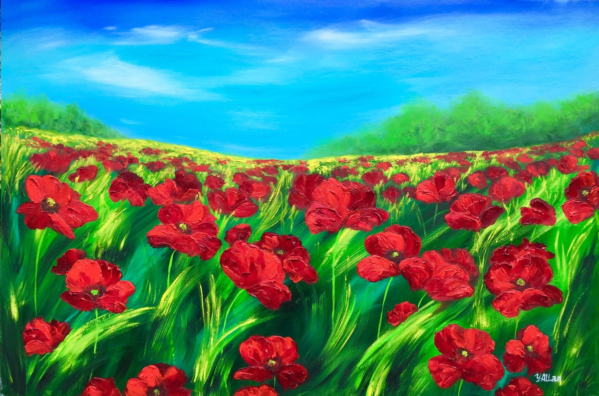 Impressionistic Botanical Oil Painting By Yulia Allan, 34 X 24", Red Summer, Original Artwork