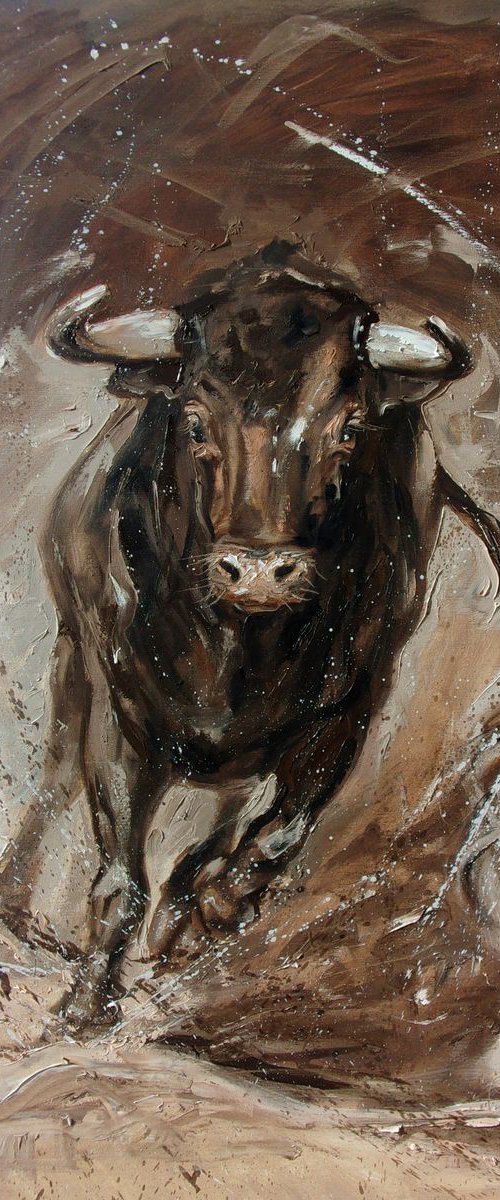" THE SPIRIT OF FREEDOM ... " - LARGE FORMAT BULL original oil painting on canvas, gift,  PALETTE KNIFE by Monika Luniak