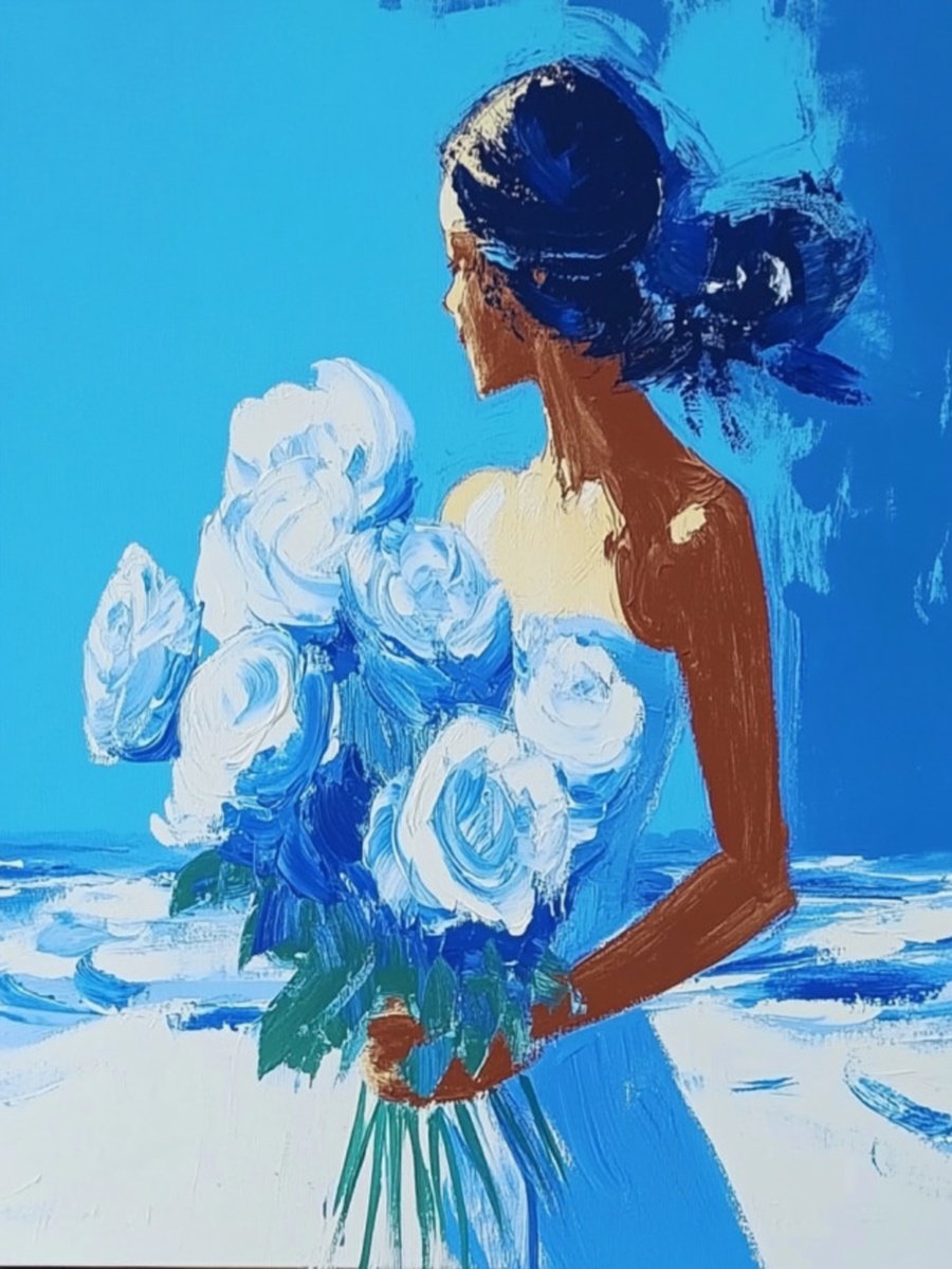 Impressionistic Portrait Print By Elena Avanesova, 24 X 31, Bride With Blue Roses, Original Artwork