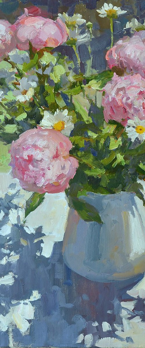Peonies and Daisies in Sunlight by Nataliia Nosyk