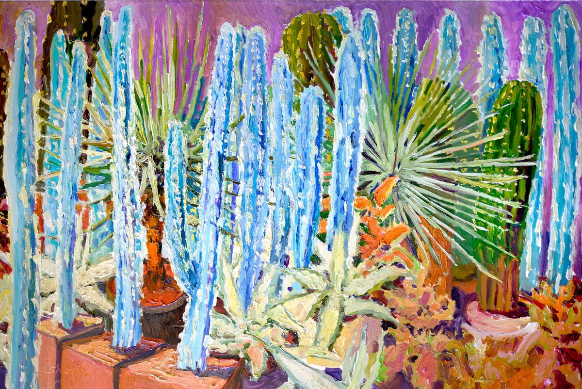 Expressive Botanical Oil Painting By Suren Nersisyan, 48 X 30", Turquoise-Blue Cactuses, Original Artwork