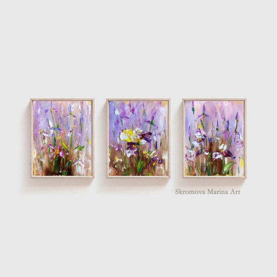 IRIS MOOD №2 - Iridodictyum. Irises. Flowers. Gift. Lilac color. Bouquet. Garden. Garden flowers. Field irises. Mini-art. Fast painting. The best solution. Gift painting. Postcard. Season. Holidays.