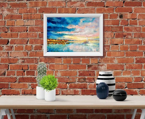 Summer sunset Sailboat Painting Original Art Seascape Abstract Ocean Wall Art