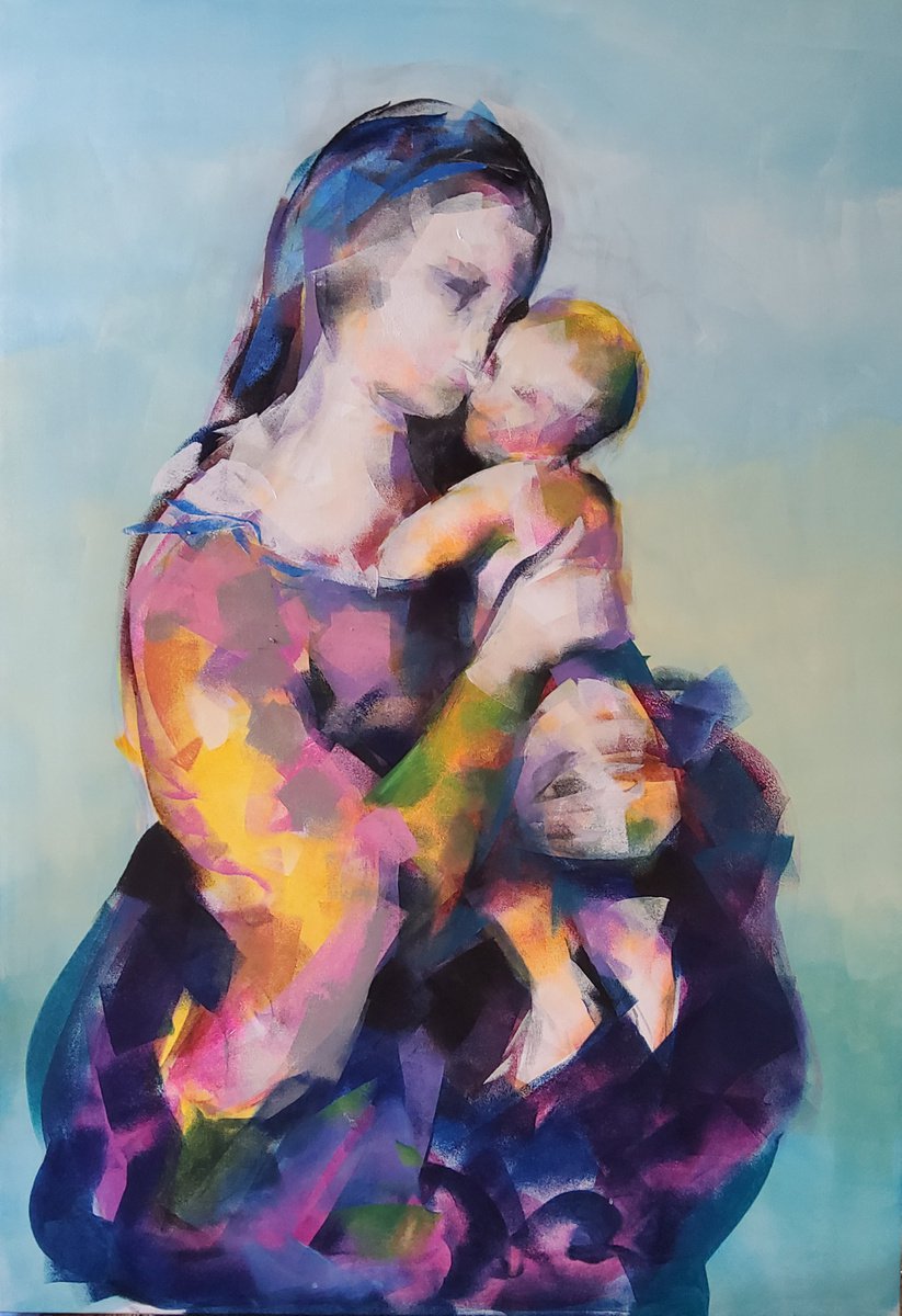 Expressive Portrait Acrylic Painting By Marina Del Pozo, 32 X 46", Madonna And Child 7, Original Artwork