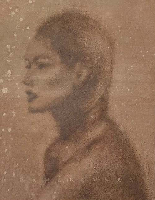 Serene painting of side profile of a beautiful women in beige nude and brown colors. Oil painted in splatters on canvas by Renske Karlien Hercules