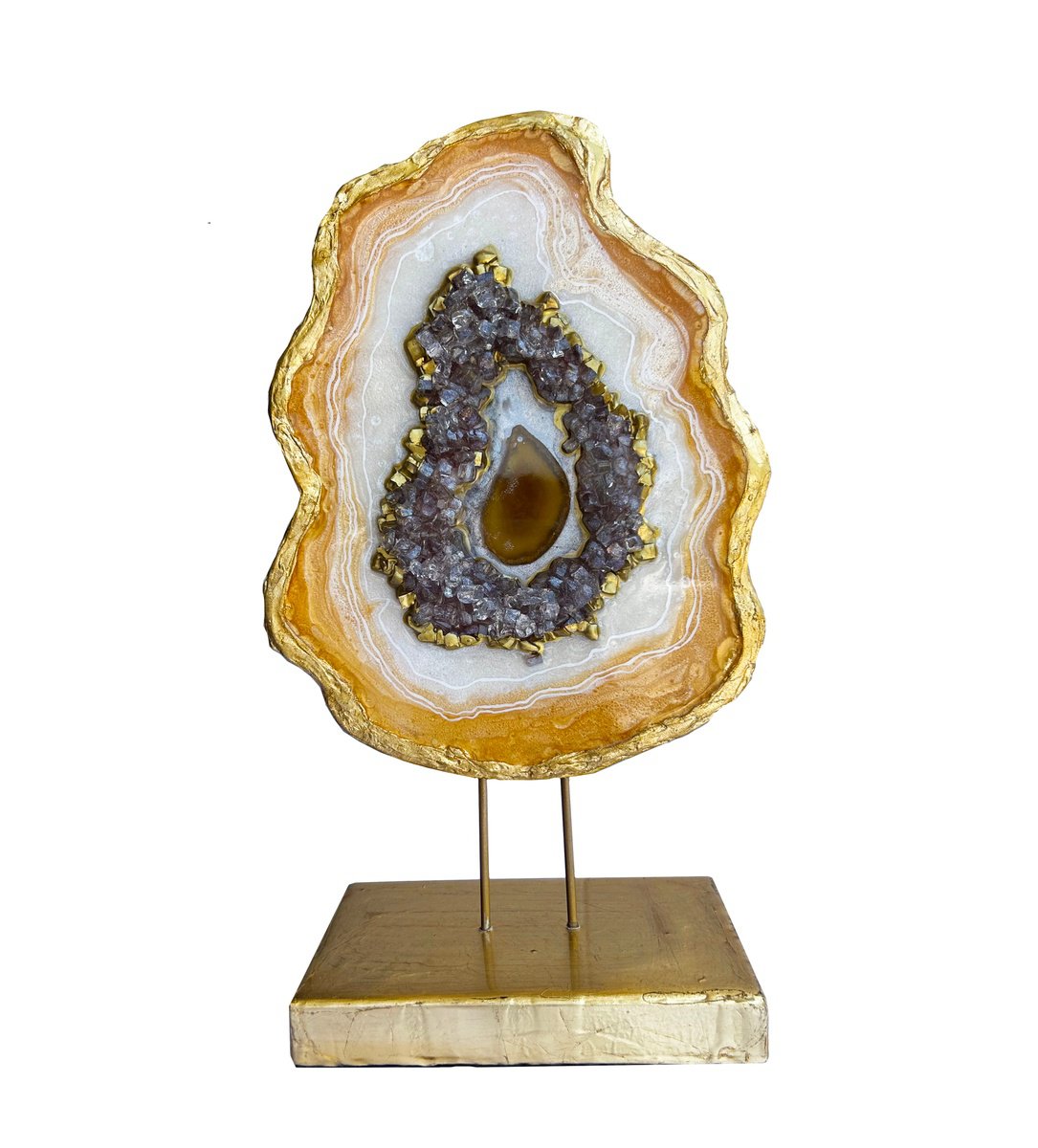 Organic Abstract Sculpture By Alexandra Dobreikin, 9 X 15, Geode Slice White Pearl & Gold, Original Artwork